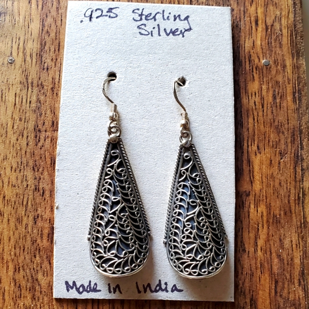 Sterling Silver Teardrop Dangle Earrings – Scrollwork, Made in India, Like New